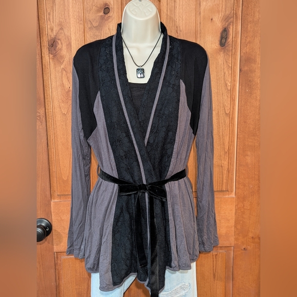 Laura Scott Sweaters - Laura Scott Black‎ Cardigan with Lace and Velvet Belt